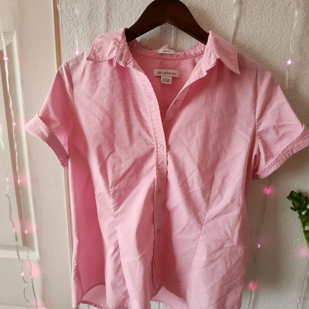 Liz Claiborne Sz L Cotton and Polyester Stretch Button Up Micro Checkers Pink